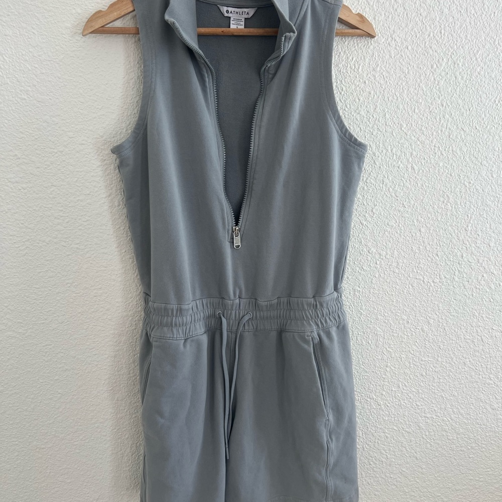 Athleta Sleeveless Zip-Front Romper in Dusty Blue